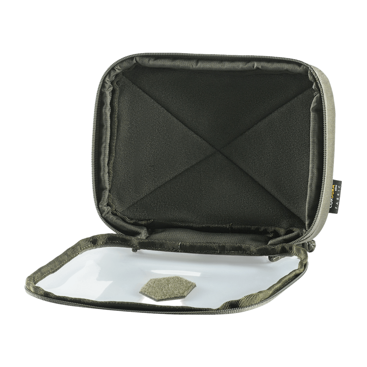 M-Tac Utility Organizer Slim Elite i åbnet tilstand viser forvæg i transparent PVC-folie til hurtig identifikation. Robust Cordura 500D materiale.