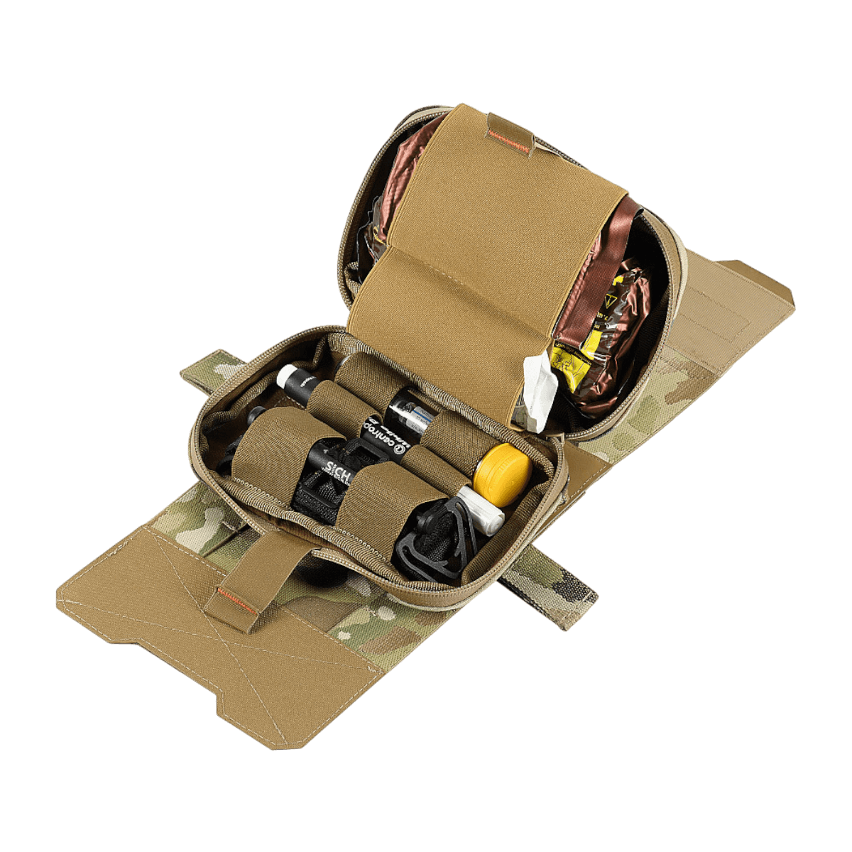 M-Tac Horisontal Medic Lomme Large Elite - stor feltkittaske til IFAK med slidstærk Cordura 500D, åben med indhold vist.