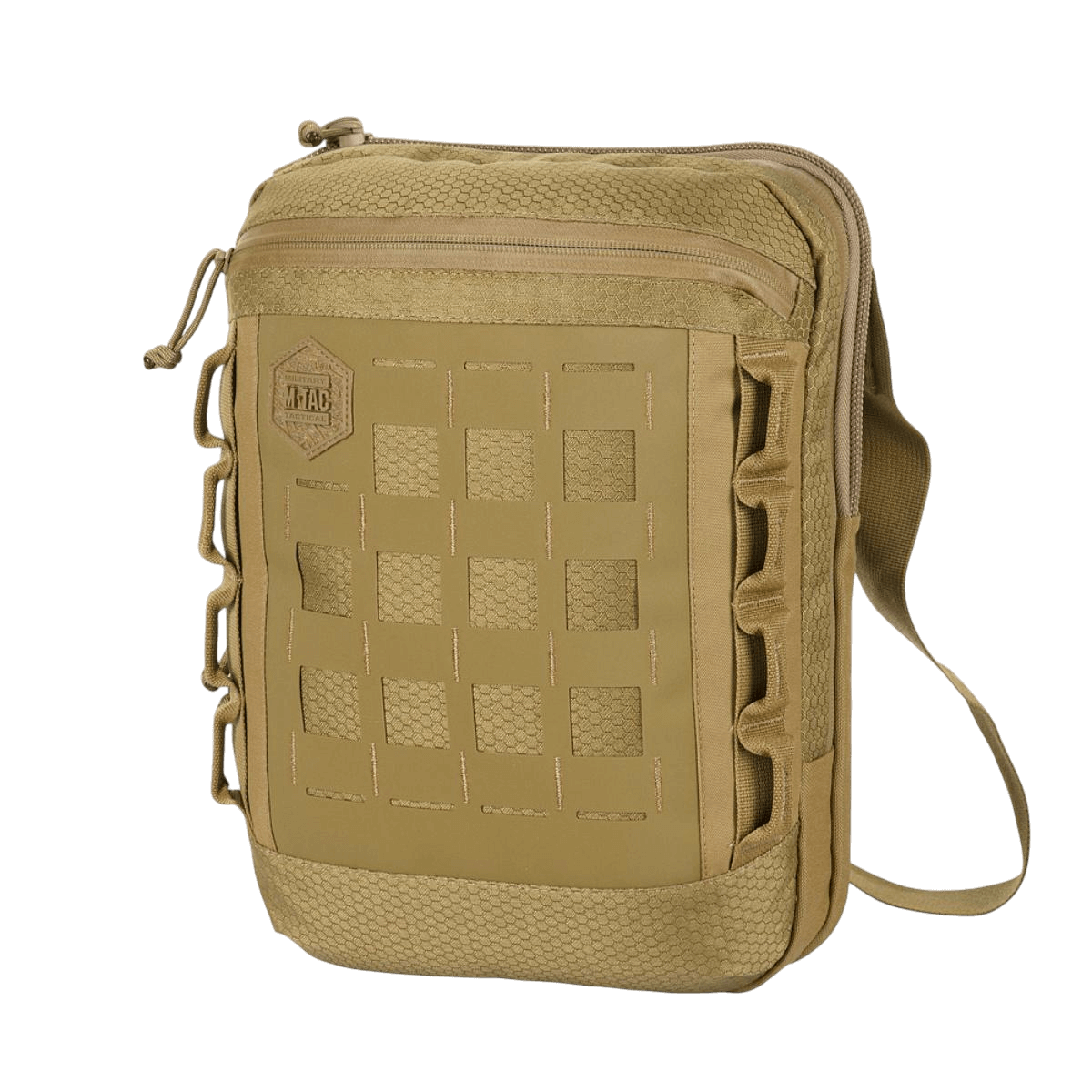 M-Tac Tablet Bag Laser Cut Hex i sandfarvet Cordura med Laser Cut MOLLE panel og hurtig adgangsrum, ideel til EDC og tablet opbevaring.