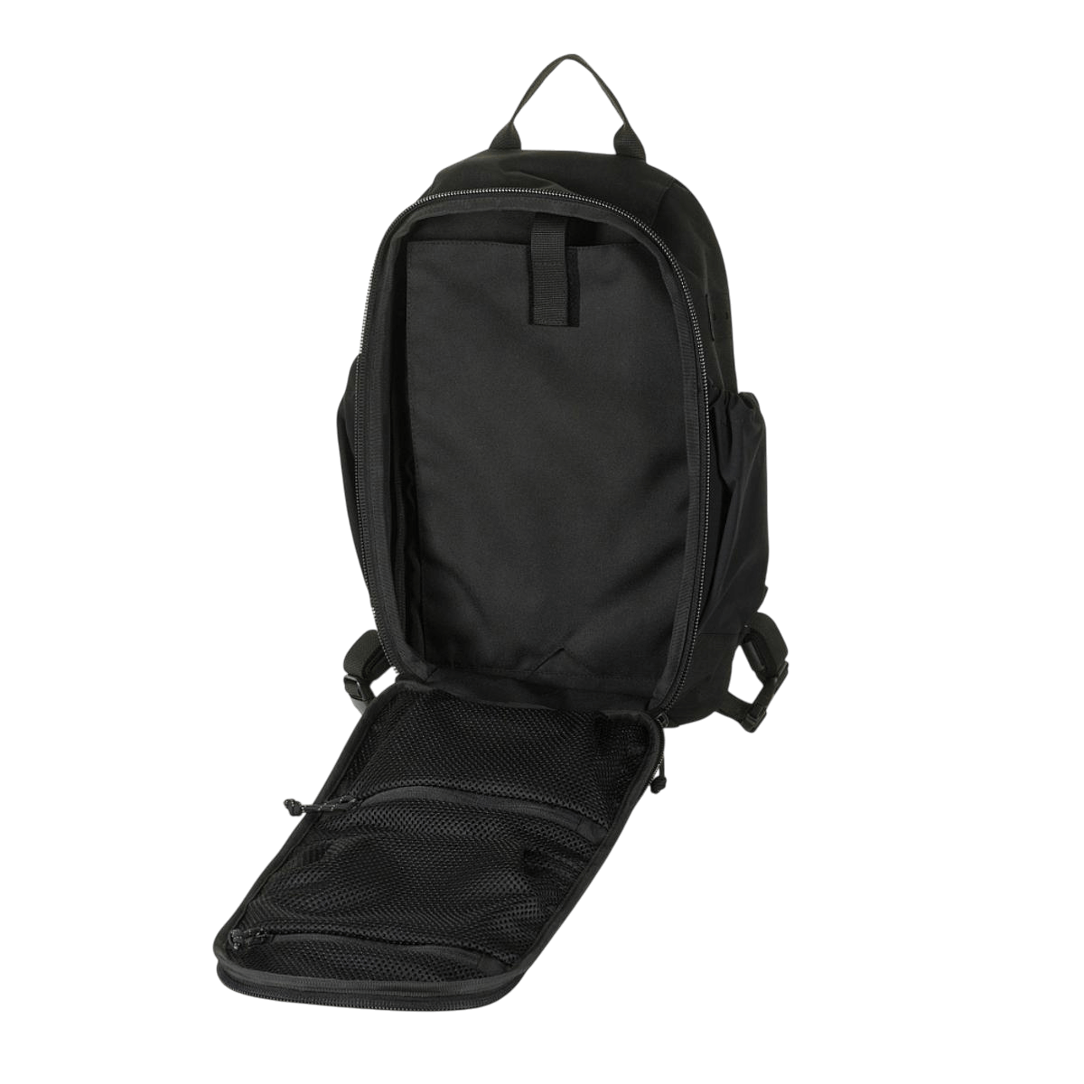 M-Tac STURM Elite Rygsæk åben viser rumdesign og holdbare materialer, ideel til kortvarige ophold med elastiske sidelommer og MOLLE panel.