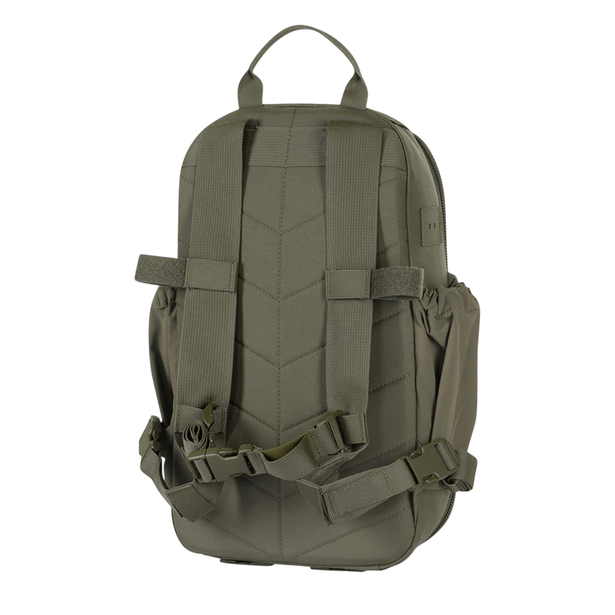 M-Tac STURM Elite Rygsæk set bagfra med robuste seler og sidetasker i elastisk materiale, ideel til kortvarige ture og feltudstyr.