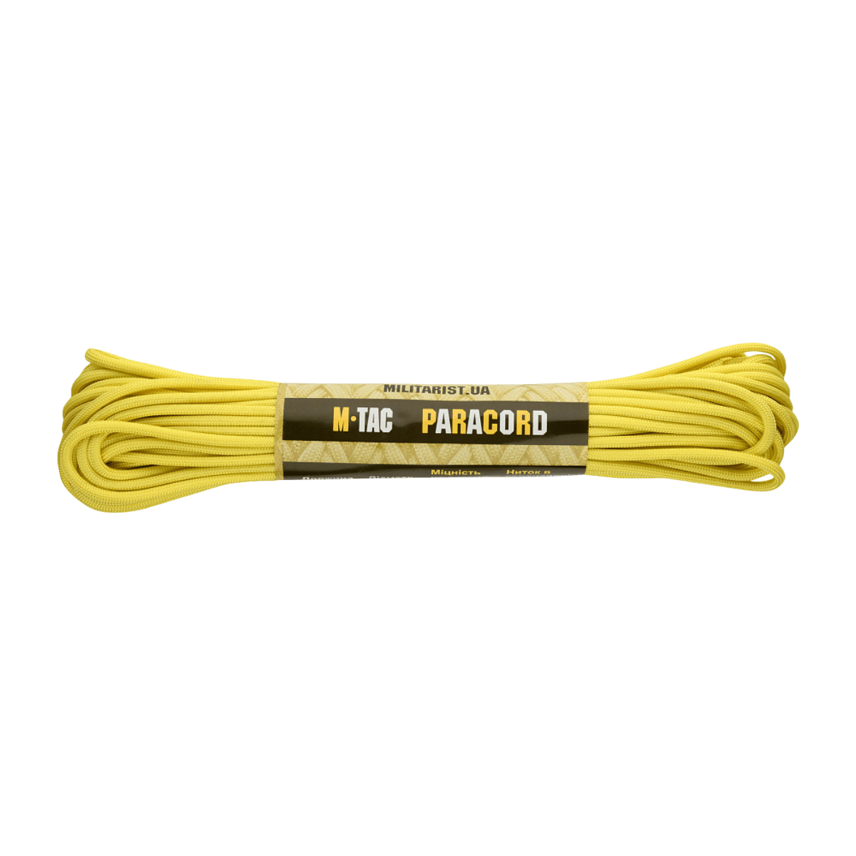 M‑Tac Paracord 550 Type III 15 m i gul farve, stærk og alsidig nylonkordel til friluftliv og reparationer, længde 15 m, diameter 4 mm.