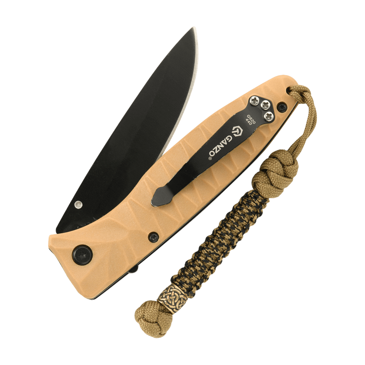 Flettet M-Tac Knife Lanyard Scandinavian i paracord, fastgjort til sammenklappelig lommekniv, tilføjer stil og funktionalitet.