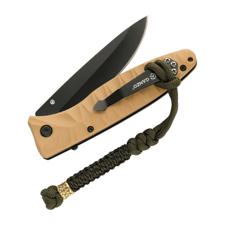 M-Tac Knife Lanyard Scandinavian Granule attached to a folded pocket knife with tan handle and black blade, showcasing paracord braid.