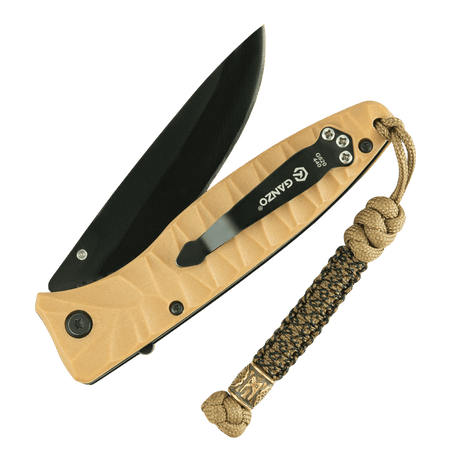 M-Tac Lanyard Scandinavian Mannaz med snoet paracord og dekorativ perle, vedhæftet til en foldekniv med brun håndtag.