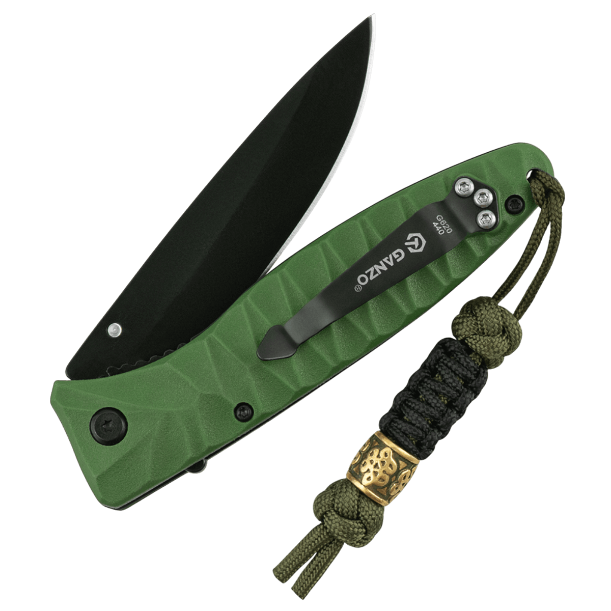 Grøn foldet kniv med M-Tac Lanyard Scandinavian Small Chinese Knot i paracord og skandinavisk motiv perle