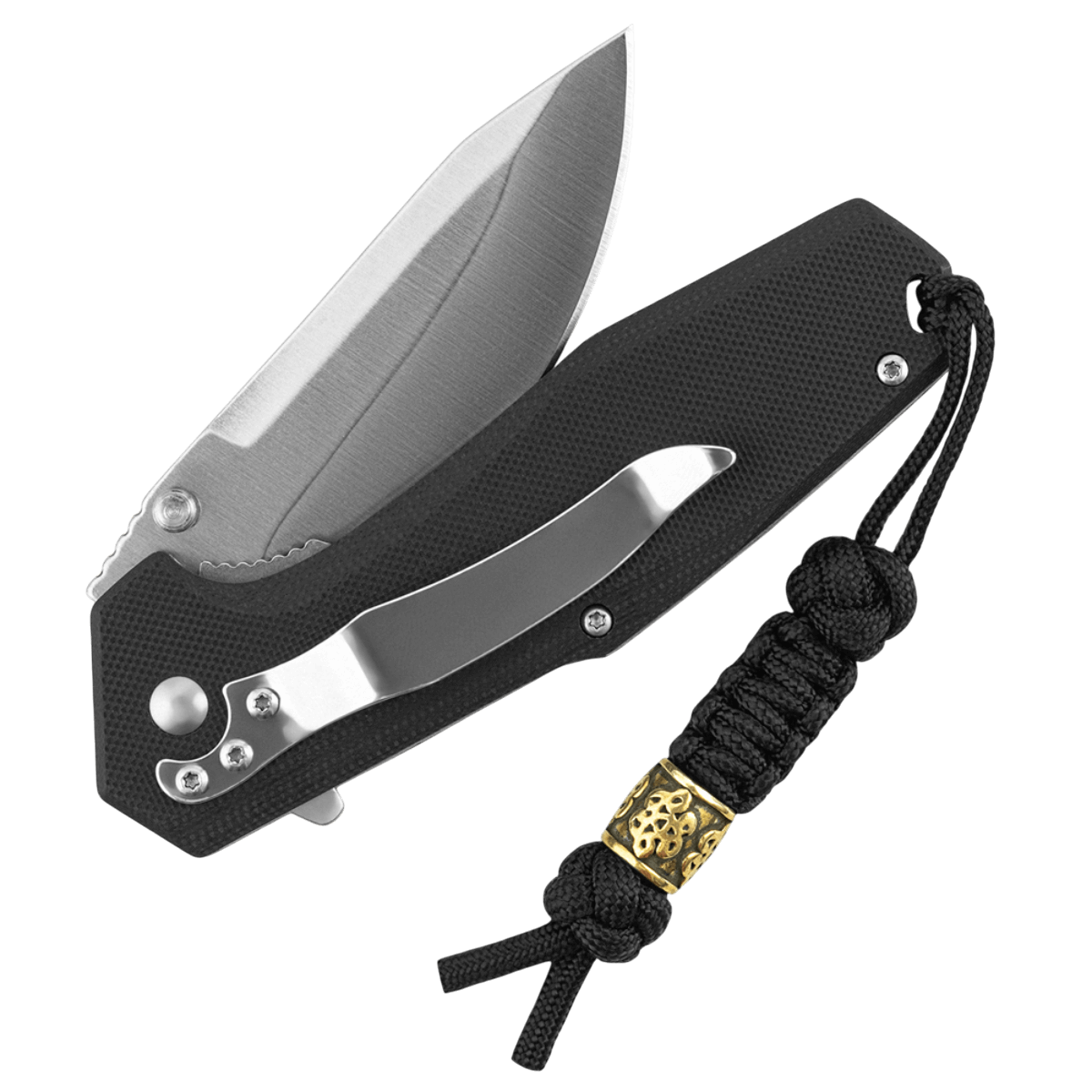 M-Tac Lanyard Scandinavian Small Chinese Knot attached to a folding knife with decorative Nordic bead, enhancing style and utility.