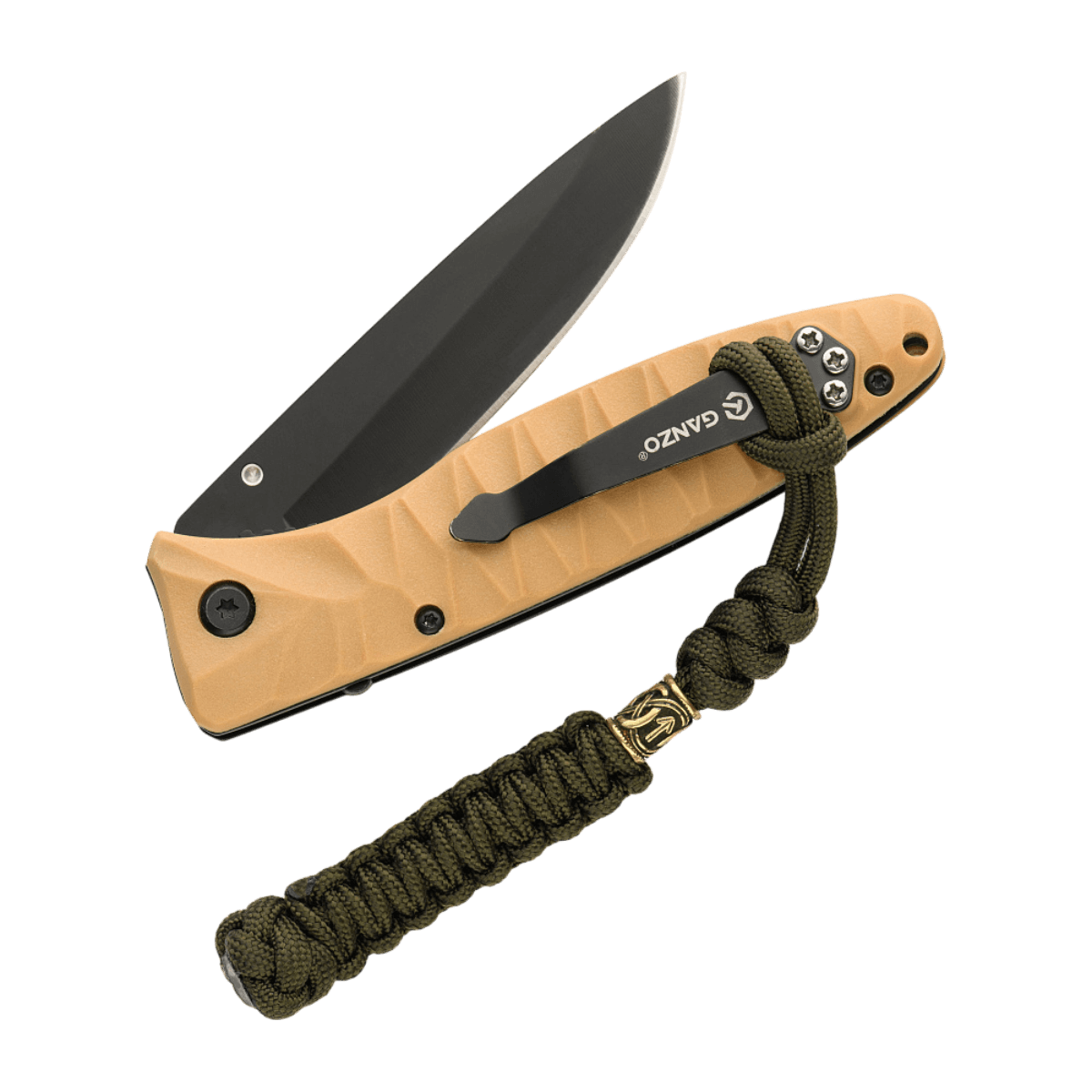 M-Tac Knife Lanyard Loopy Snake Scandinavian i flettet paracord design, vedhæftet til lommekniv med brunt håndtag og sort klinge.