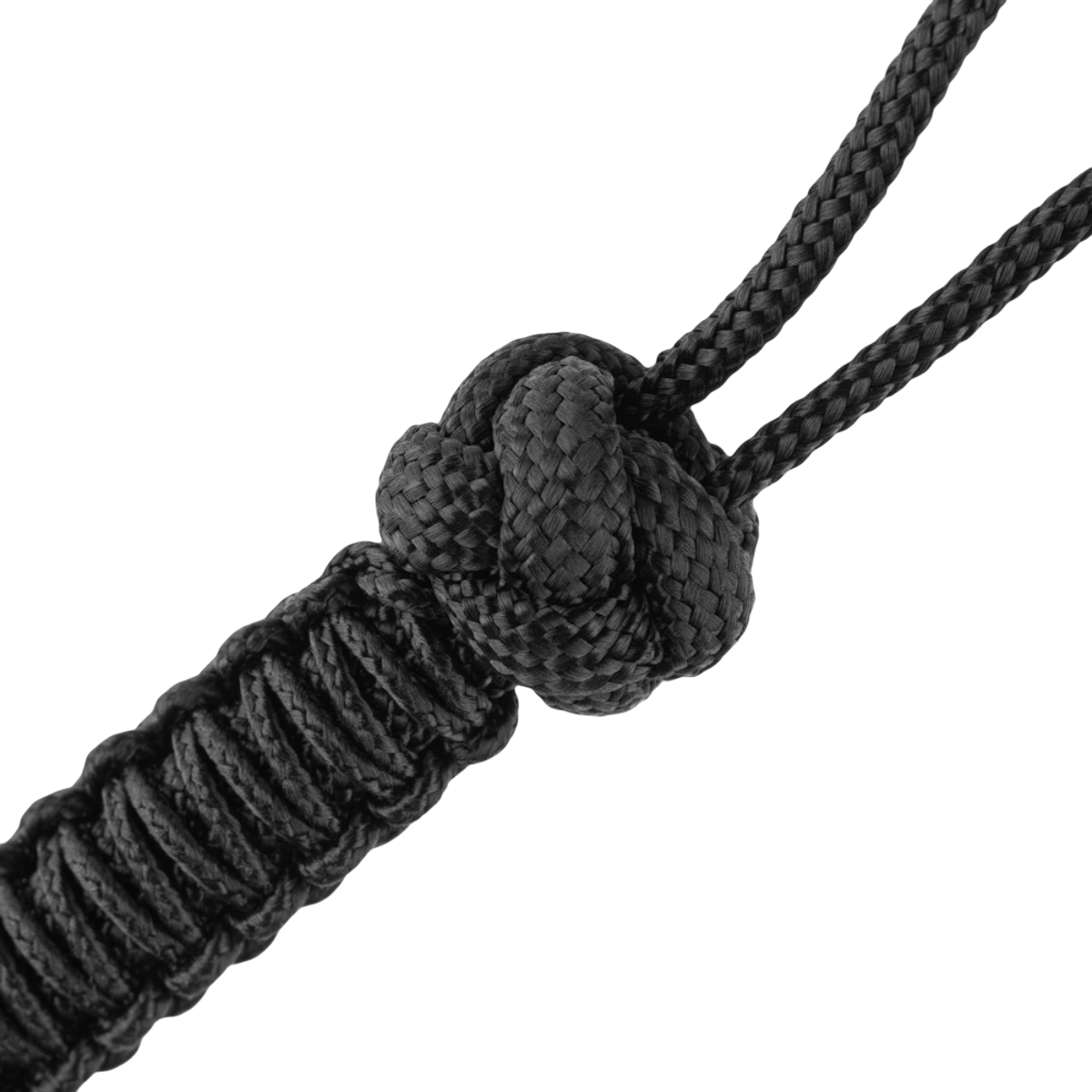 Sort M-Tac Knife Lanyard Celtic af flettet paracord, stilfuldt tilbehør til knive, forbedrer greb og personlig udtryk.