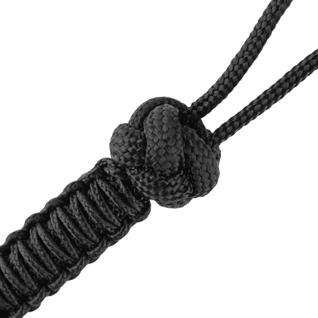 Sort M-Tac Knife Lanyard Celtic af flettet paracord, stilfuldt tilbehør til knive, forbedrer greb og personlig udtryk.