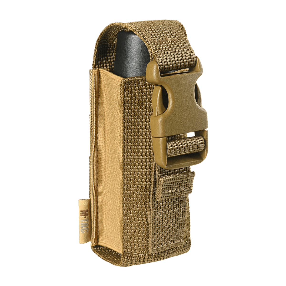 M-Tac Gasdåseholder Vertikal i khaki med Woojin-lås og MOLLE-system til sikker fastgørelse og nem adgang til gasdåsen.