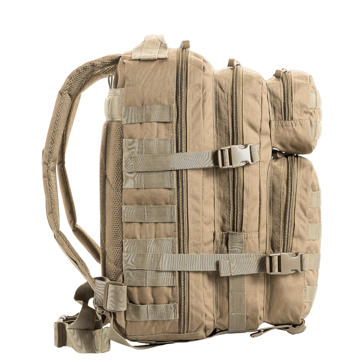 M-Tac Assault Pack med MOLLE-system, brun farve, set fra siden, med justerbare, polstrede skulderremme, ideel til by og vandreture.