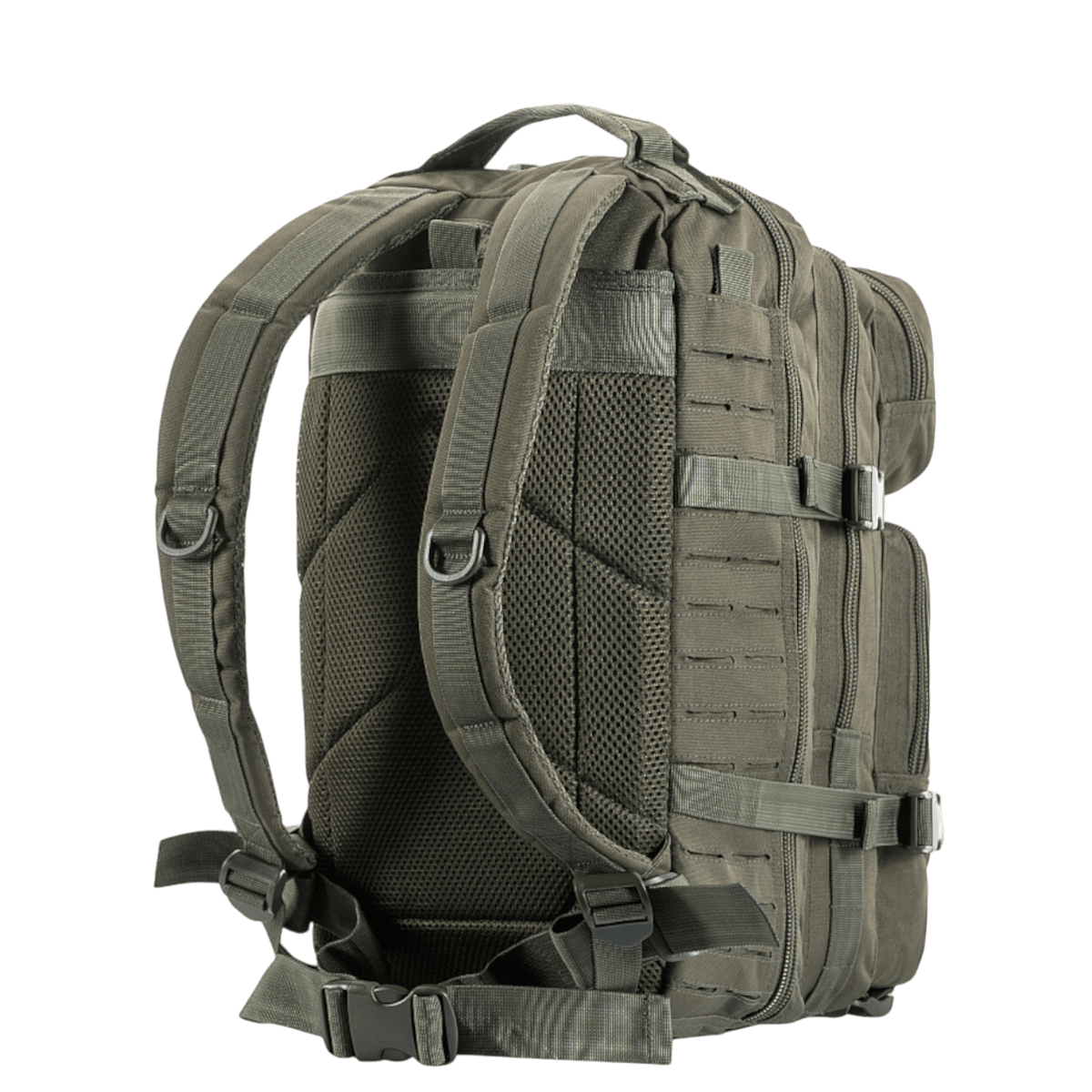 M-Tac Large Assault Pack Rygsæk Laser Cut, militær rygsæk med MOLLE-system og polstrede skulderremme, set bagfra.