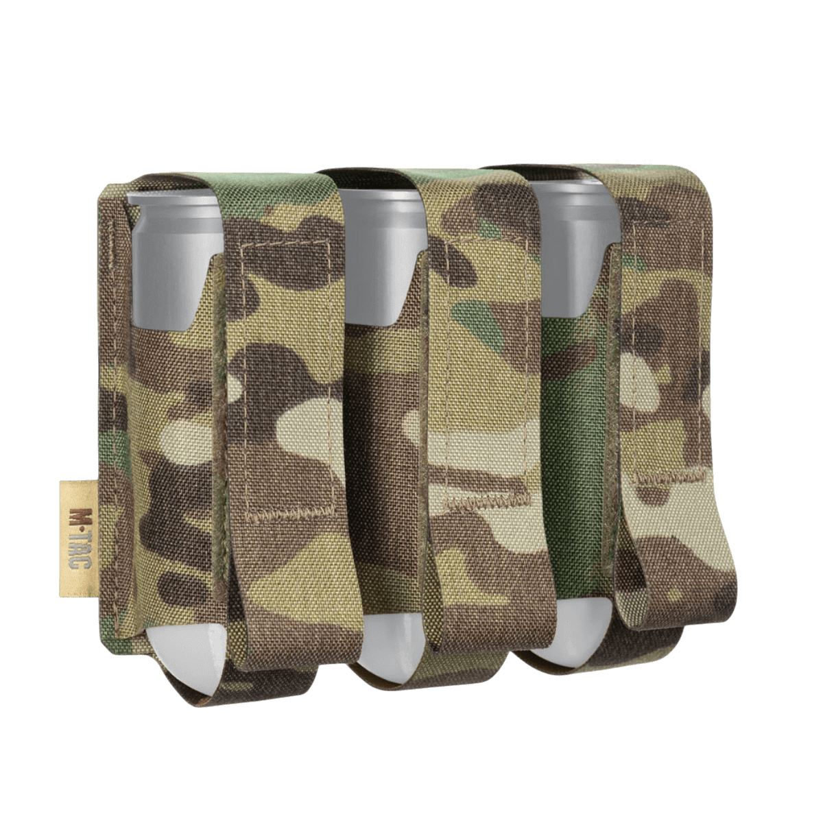 M-Tac Pouch til 3 VOG-Granater med MOLLE Laser Cut i camouflage design, sikrer opbevaring og transport af 40 mm granater som vist.