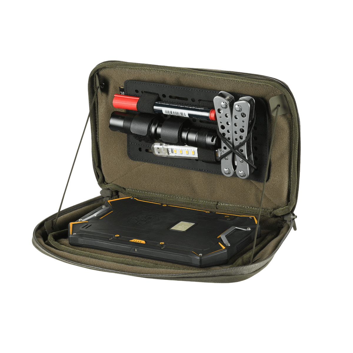 M-Tac Admin Pouch X-Large Elite med opbevarede værktøjer og udstyr, åben taske i slidstærkt Cordura-materiale.