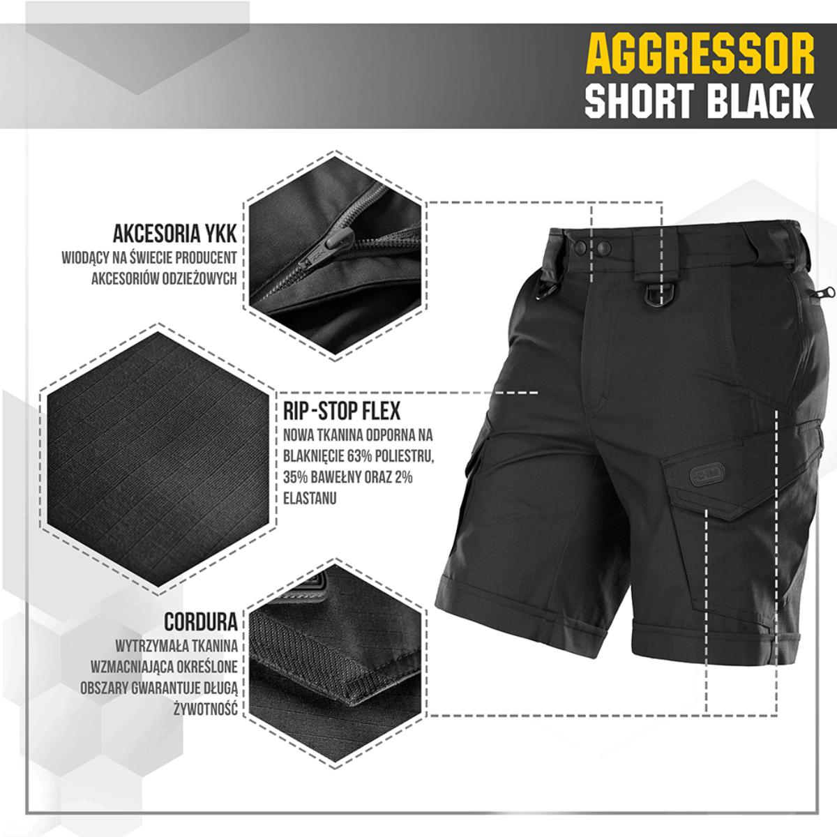 M-Tac Shorts Aggressor Short i sort med taktiske funktioner, ideel til varme dage, fremstillet i elastisk polycotton rip-stop.