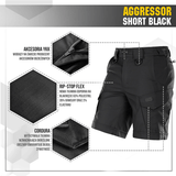 M-Tac Shorts Aggressor Short i sort med taktiske funktioner, ideel til varme dage, fremstillet i elastisk polycotton rip-stop.