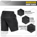 M-Tac Shorts Aggressor Short - taktiske knælange shorts i sort med YKK lynlåse og fleksible justerbare bælter for komfort og bevægelsesfrihed.