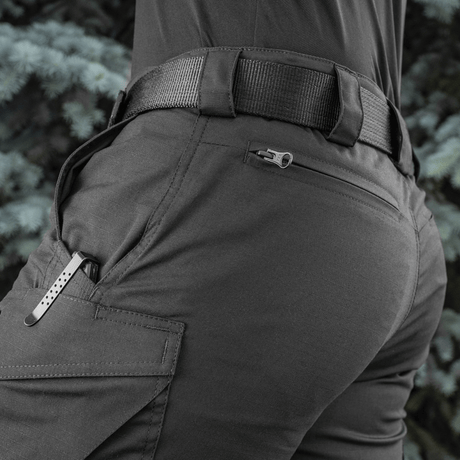 Side view of M-Tac Shorts Aggressor Short in black, showcasing tactical design and durable YKK zippers, ideal for outdoor use.