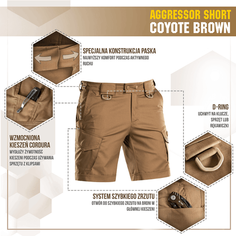M-Tac Shorts Aggressor Short i coyote brown med taktiske funktioner, rip-stop stof og flere lommer til udendørs brug.