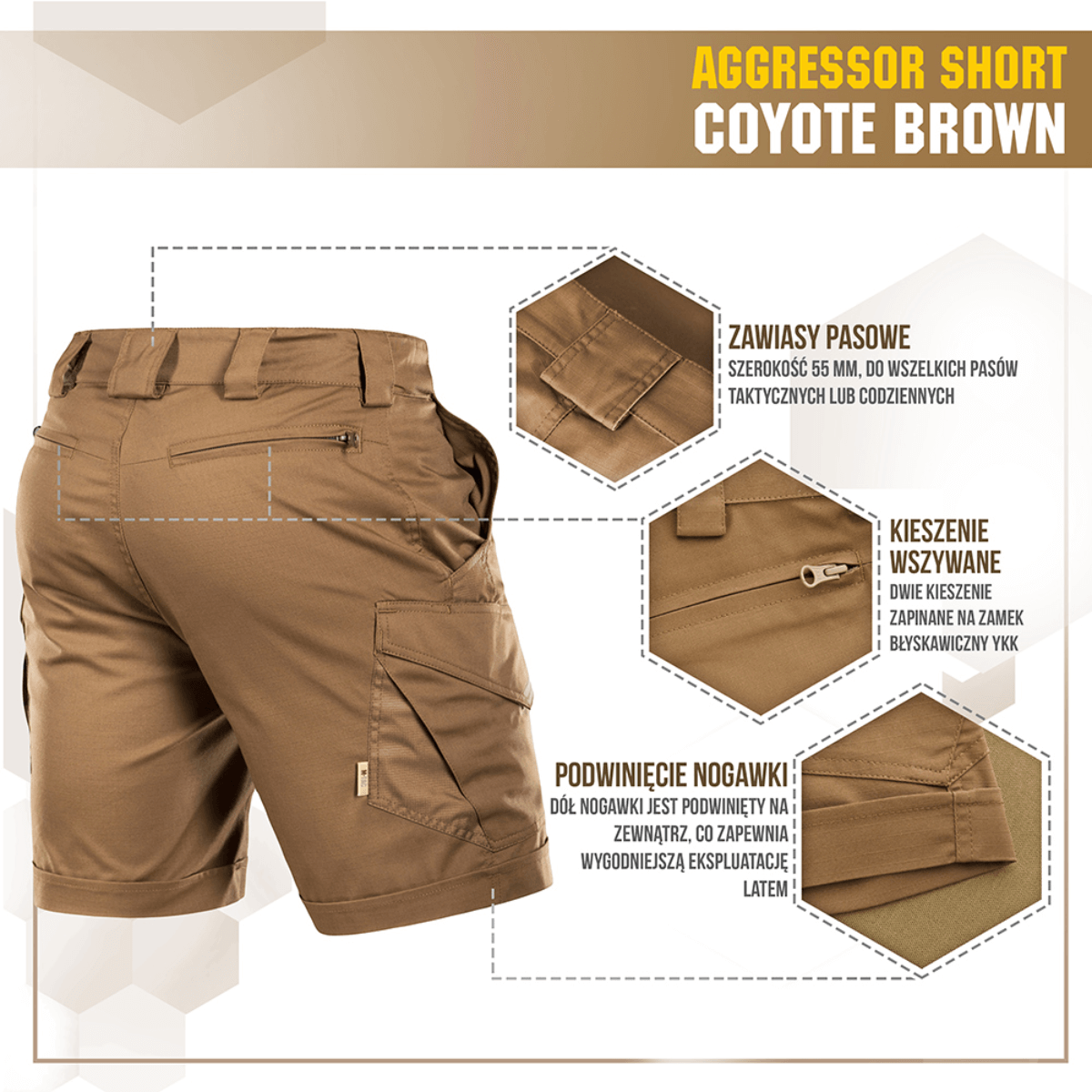M-Tac Shorts Aggressor Short i coyote brown, taktiske funktioner med YKK lynlåse og elastisk polycotton for komfort.