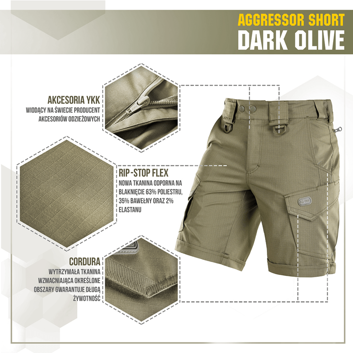 M-Tac Shorts Aggressor Short i farven Dark Olive med rip-stop flex stof til taktisk brug og YKK lynlåse, ideel til varme dage.