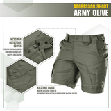 M-Tac Shorts Aggressor Short i Army Olive, taktiske funktioner, komfort og bevægelsesfrihed. Perfekte til byliv og naturen.
