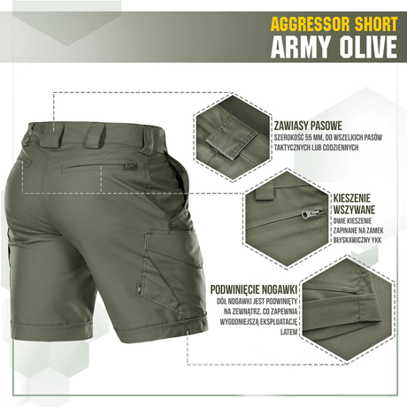 M-Tac Shorts Aggressor Short i army olive farve med taktiske funktioner, inklusive justerbare bælter og YKK lynlåse, ideel til aktiv brug.