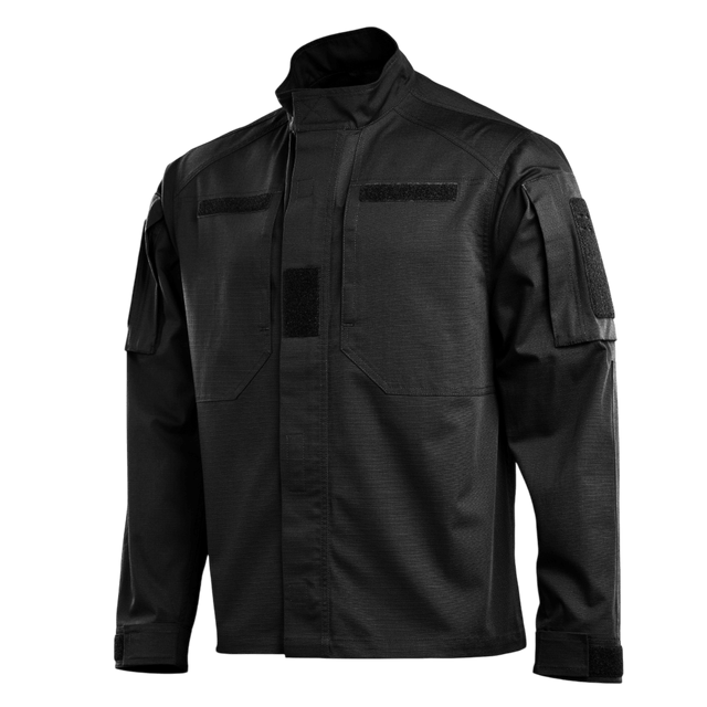M-Tac Jakke Patrol Flex i sort med ståkrave og Velcro, designet til taktisk brug, synlige brystlommer og forstærkede skuldre.