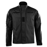 M-Tac Jakke Patrol Flex i sort med ståkrave, velcro-paneller og YKK fittings, designet til taktisk brug med skjulte lommer.