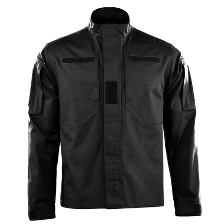 M-Tac Jakke Patrol Flex i sort med ståkrave, velcro-paneller og YKK fittings, designet til taktisk brug med skjulte lommer.