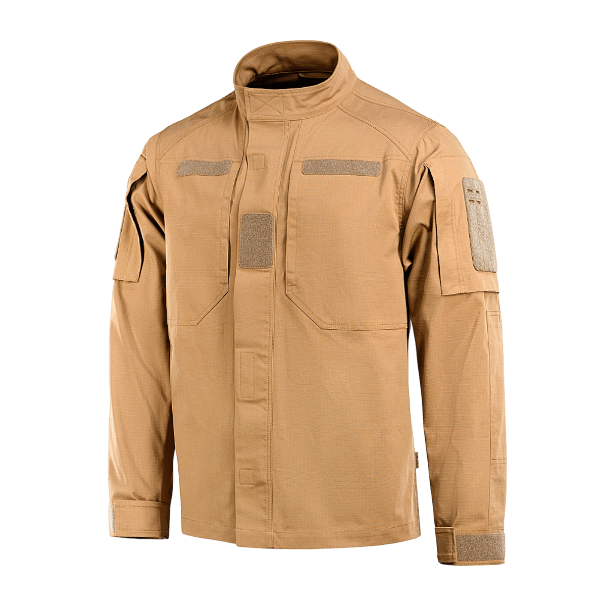 M-Tac Jakke Patrol Flex i beige med lodrette brystlommer og velcro-paneler, designet til taktisk brug med komfortabelt snit.