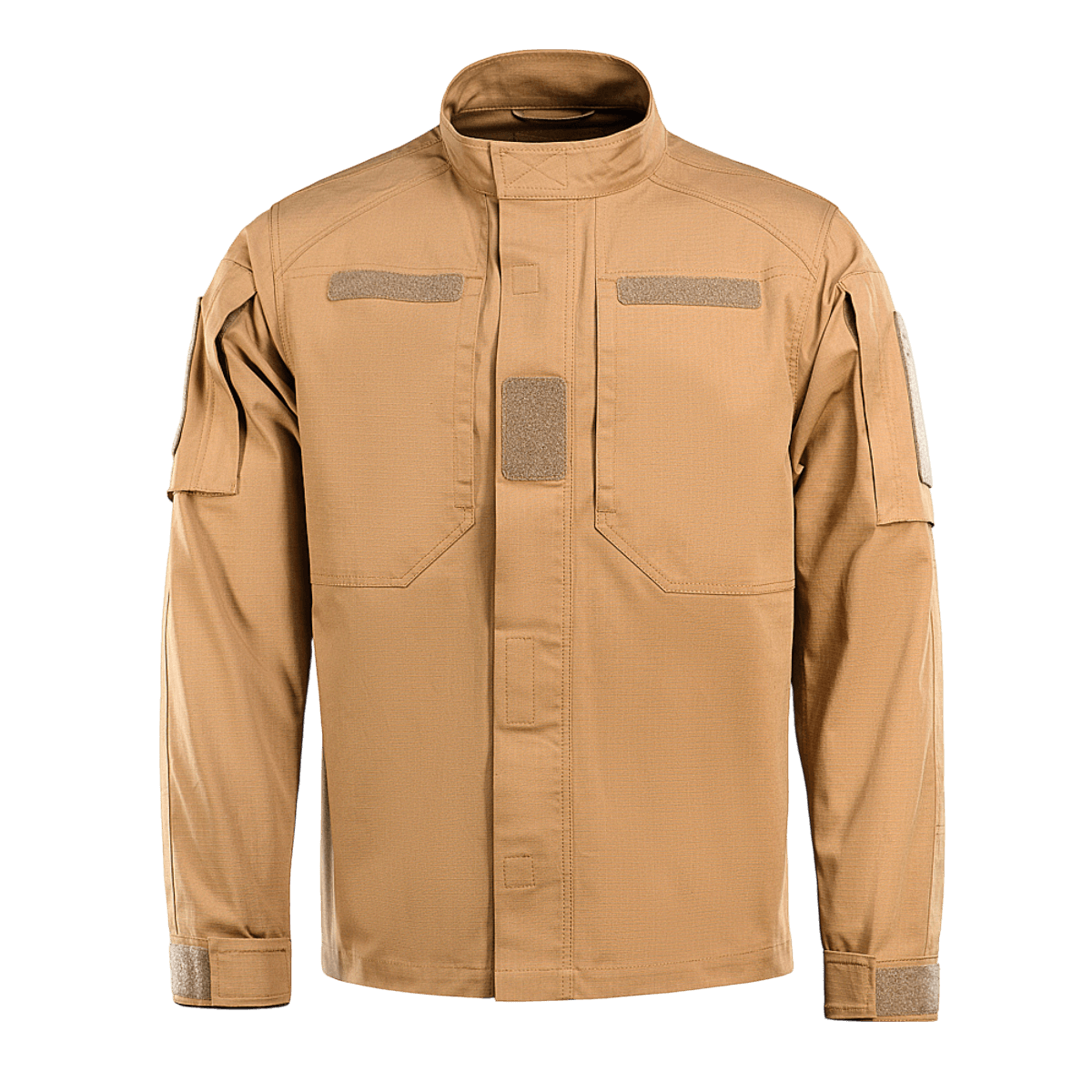 M-Tac Jakke Patrol Flex i tan farve med velcro-patchemuligheder og YKK fittings til taktisk brug.