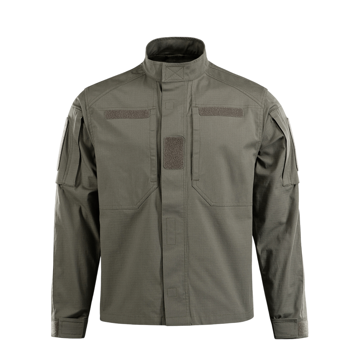 M-Tac Jakke Patrol Flex i olivengrøn med ståkrave og velcro-paneler, designet til taktisk brug og praktisk funktionalitet.