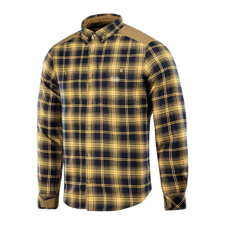 M-Tac Redneck Skjorte i navy blue og gul plaid, taktisk skjorte med justerbare velcro ærmer og forstærkede skuldre.