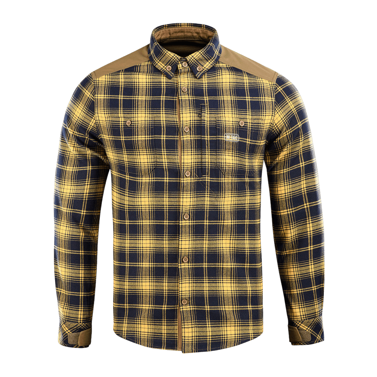 M-Tac Redneck Skjorte i navy blå/gul plaid mønster, taktisk skjorte med velcro-justerbare ærmer, velegnet til arbejde og fritid.