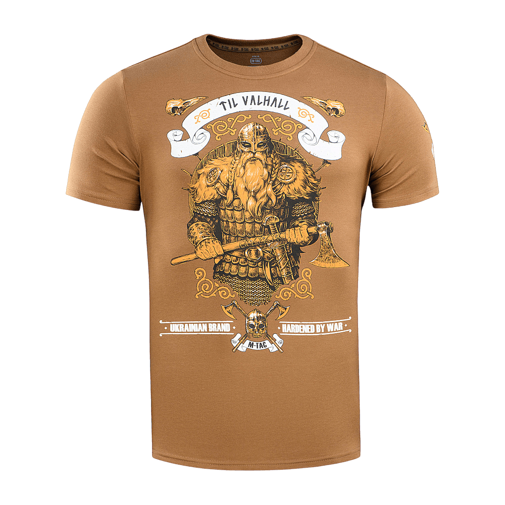 M-Tac T-shirt Viking med vikingemotiv og teksten 'Til Valhall' på forsiden, fremhæver mod og værdier. Lavet af bomuld og polyester.