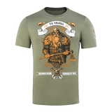 M-Tac T-shirt Viking med motiv af viking i kampudrustning, bærende økse og teksten 'Til Valhall' for kampgejst og værdier.