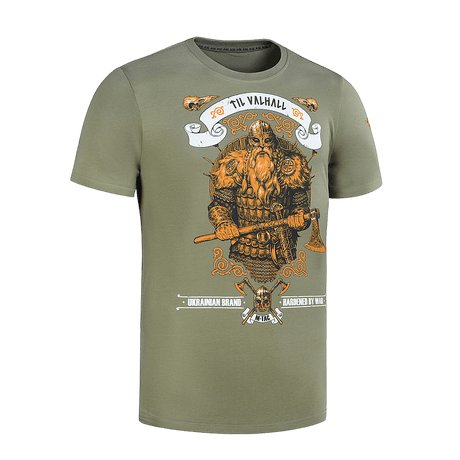 M-Tac T-shirt Viking med frygtindgydende viking i kampudrustning og teksten "Til Valhall" på fronten.