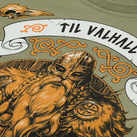 M-Tac T-shirt Viking med vikingemotiv og 'Til Valhall' tekst, der fremhæver kampgejst og skandinaviske krigeres værdier.