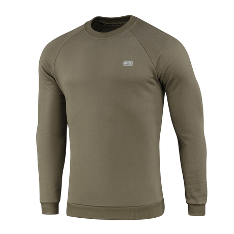 M-Tac Sweatshirt Cotton Hard i olivenfarve med reflekterende logo på brystet, 100% bomuld, komfortabel og varm med ribkanter.