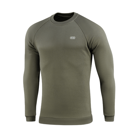 M-Tac Sweatshirt Cotton Hard i olivengrøn farve, lavet af 100% bomuld, med reflekslogo på brystet og ribkanter for ekstra komfort.