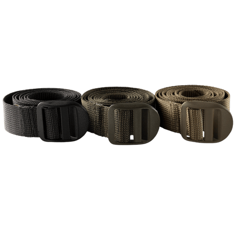 Tre M-Tac Kompressionsrem bælter i nylon i forskellige farver, ideelle til fastgørelse på rygsække for vandreture eller taktisk brug.