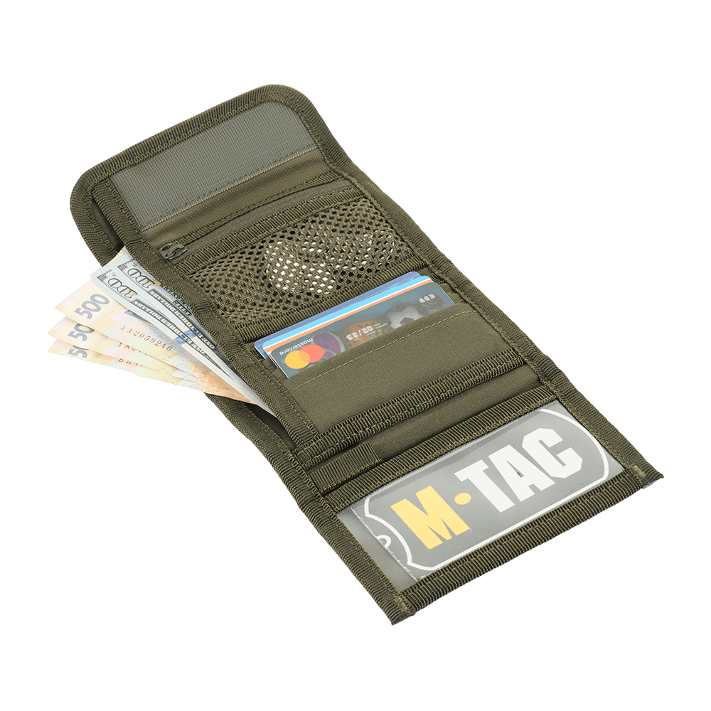 M-Tac Pung Elite Gen.II i Cordura 500D med rum til sedler, kort og M-Tac logo, perfekt til opbevaring af kontanter og kort.