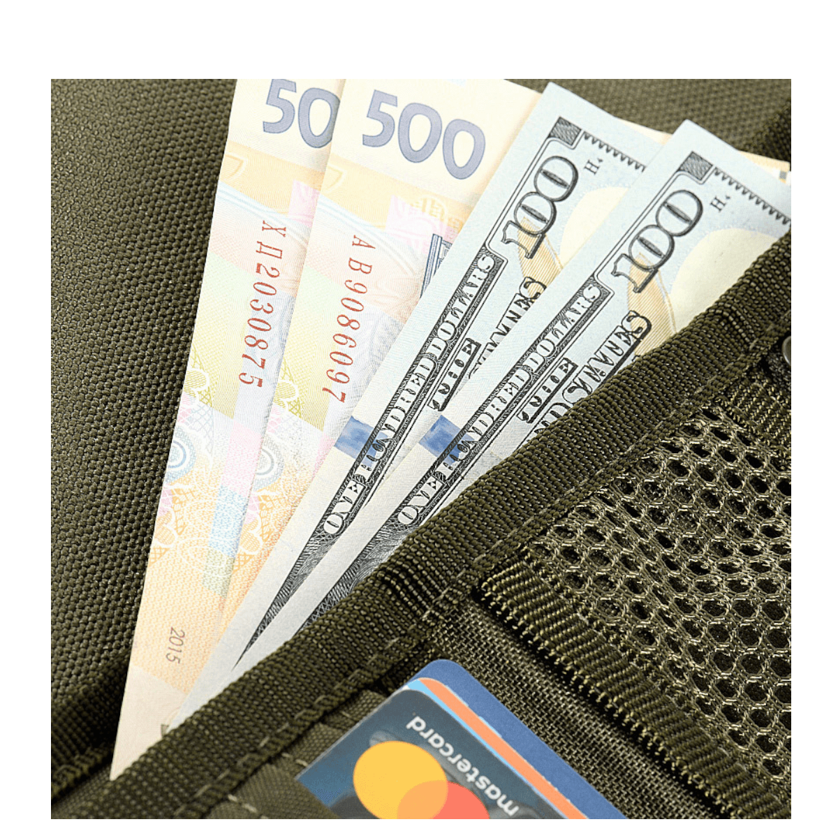 M-Tac Pung med Patch Panel Elite Gen. II viser rum med kontanter og betalingskort i Oxford og Cordura 500D materiale.