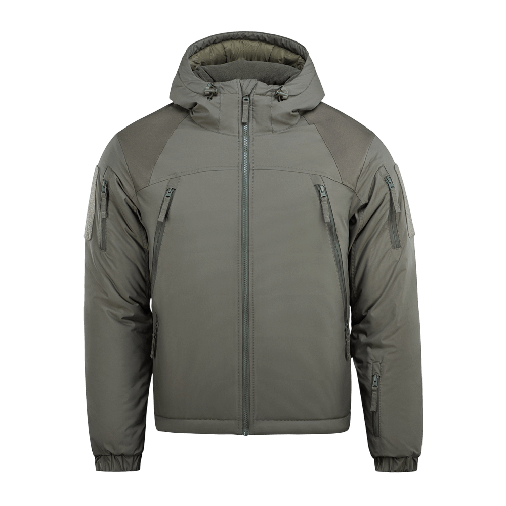 M-Tac Alpha Gen.III Pro Vinterjakke i grå med hætte og forstærkede albuer, designet til komfort og holdbarhed ned til -20°C.
