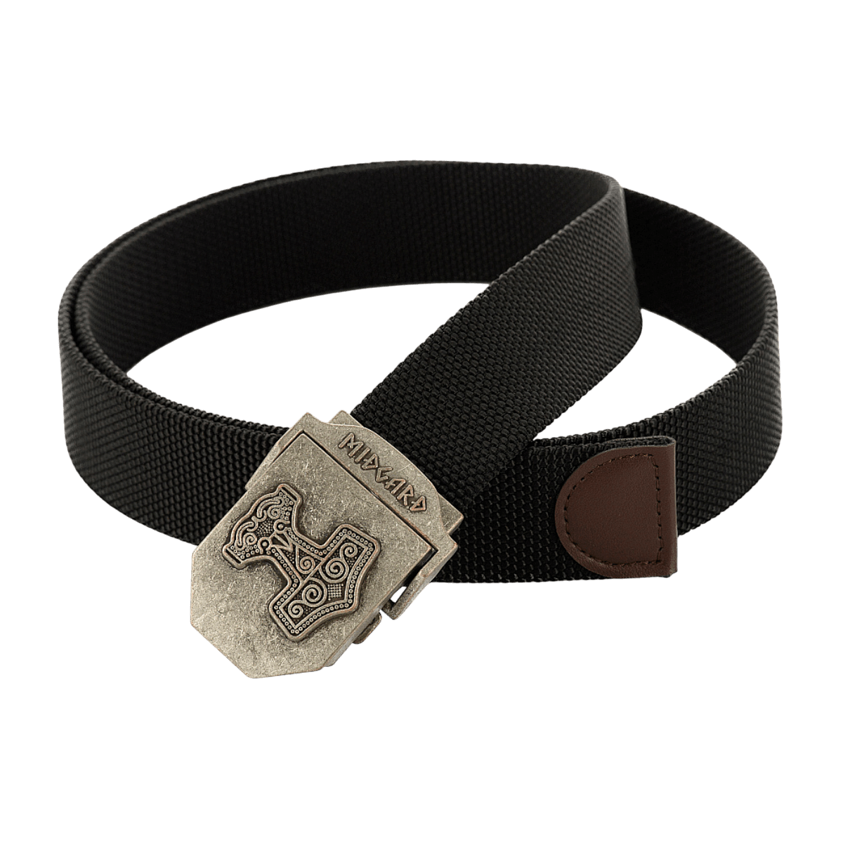 M-Tac Thors Hammer Bælte – Militærstil og funktionalitet, sort nylonbælte med Thor's Hammer-emblem i metalspænde, 38mm bredde.