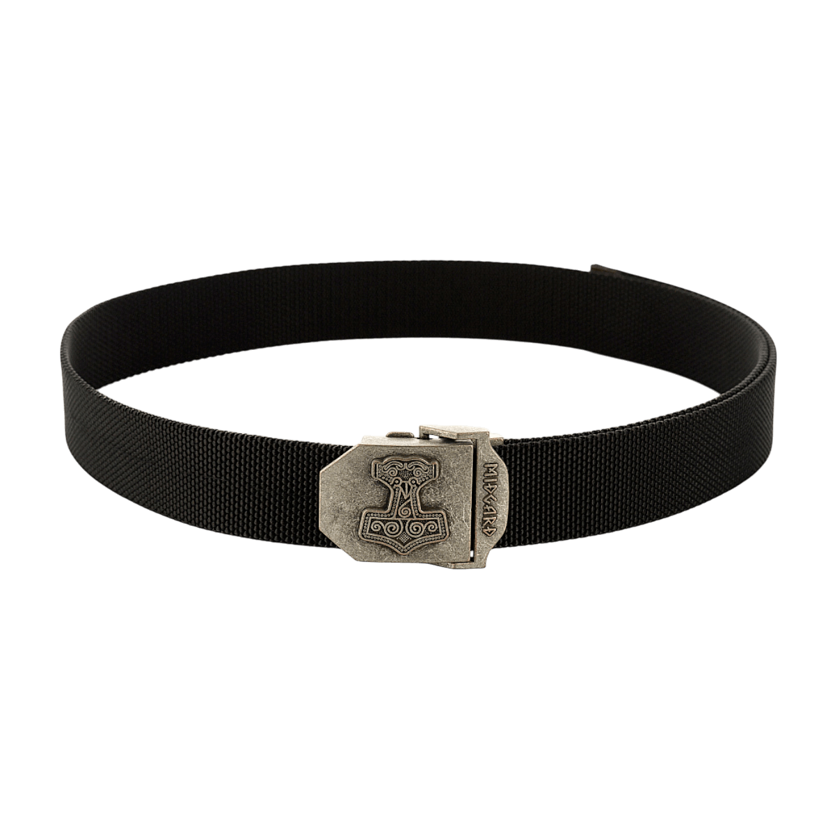 M-Tac Thors Hammer Bælte – Militærstil og funktionalitet, sort nylonbælte med Thor's Hammer metalspænde, 38 mm bred, 130 cm lang
