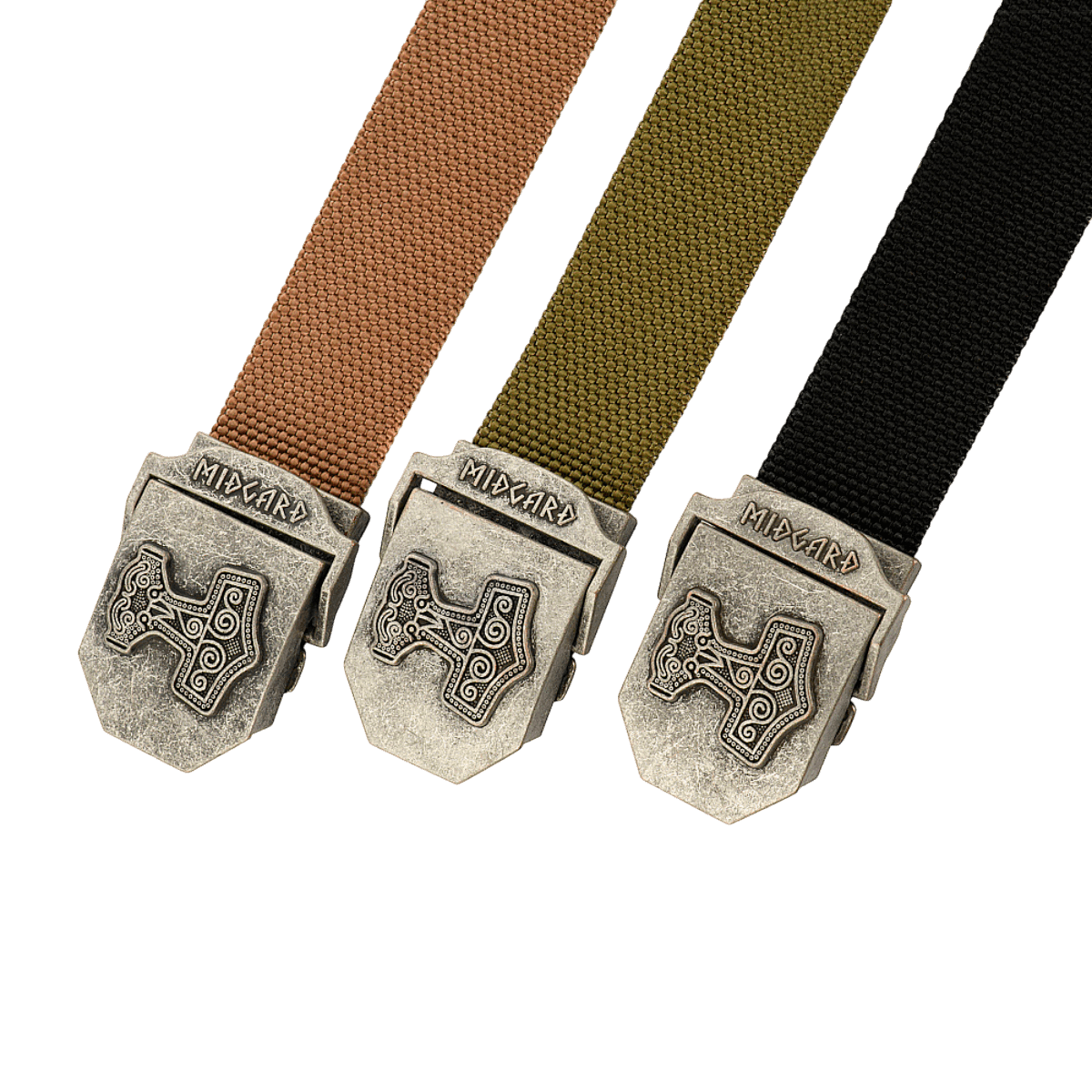 M-Tac Thors Hammer Bælte – Militærstil og funktionalitet, tre nylonbælter med emblemer af Thor's Hammer i metalspænder.