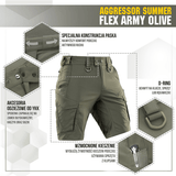 M-Tac Aggressor Summer Flex Shorts i olivenfarve med avancerede funktioner som D-ringe, YKK lynlåse og forstærkede lommer.